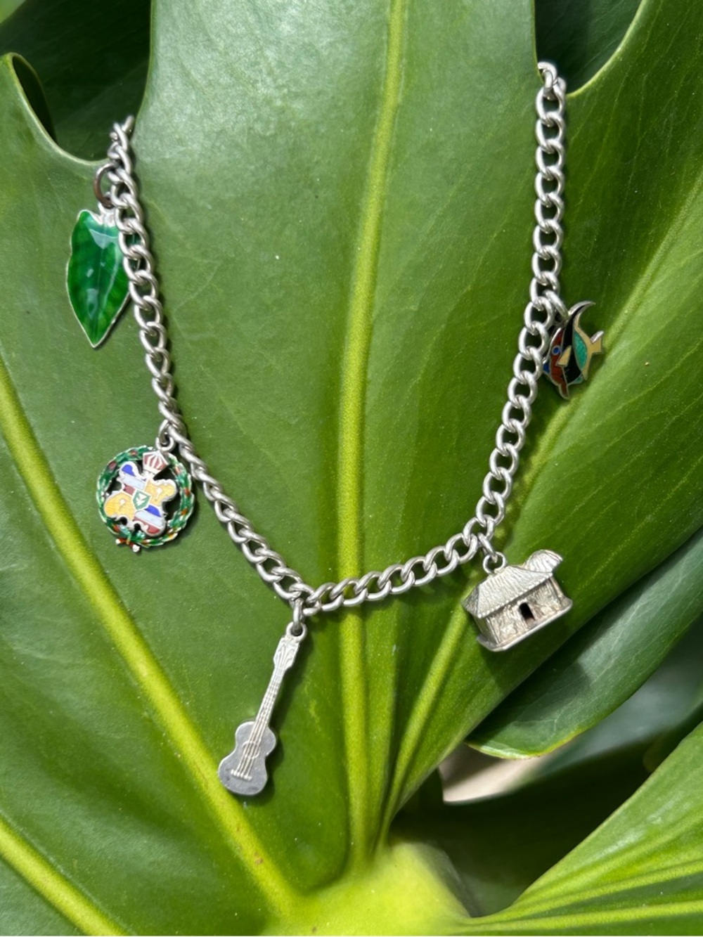Rare World War II Era Sterling Silver guilloche enamel Hawaiian charm bracelet
